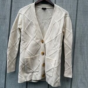 Talbots Cream Diamond Knit Cardigan Lambs Merino Cashmere Blend Big Buttons XS